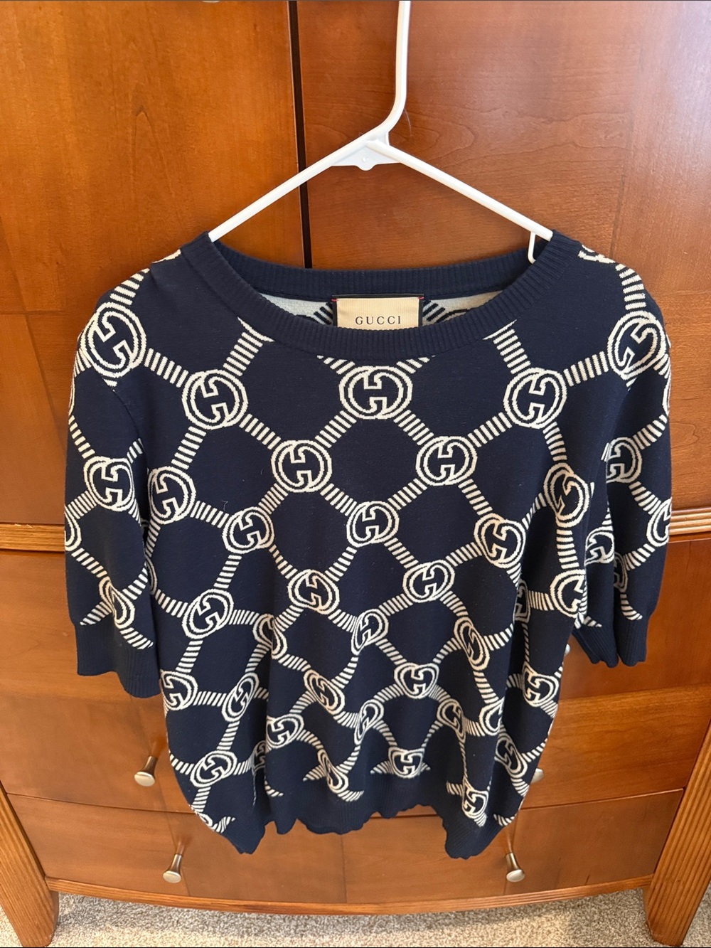 Gucci Navy and Cream Interlocking-G Short Sleeve Sweater XXXL